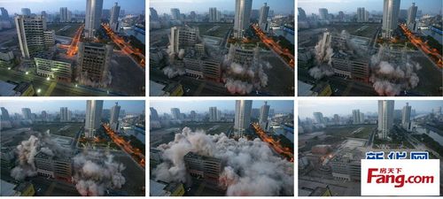 3月31日拍摄的两栋高楼爆破拆除过程拼版图片.